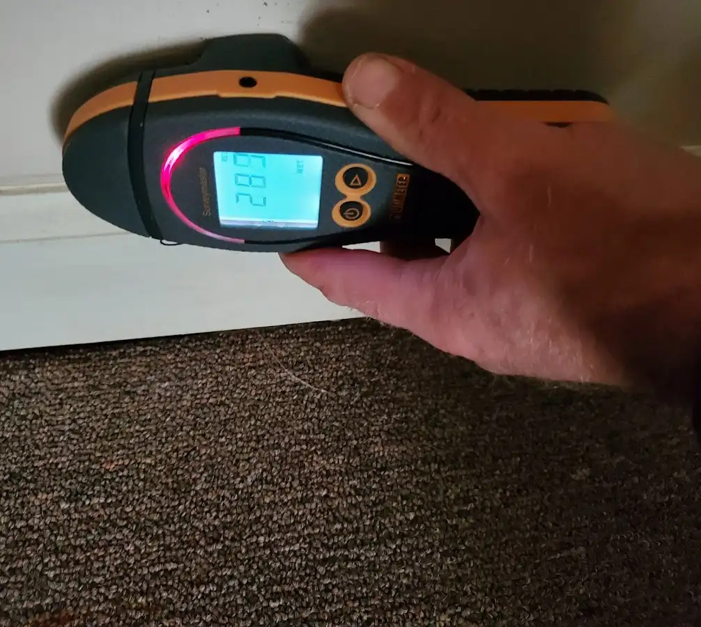 Moisture detection at baseboard during Burst Pipe Cleanup in Burnet